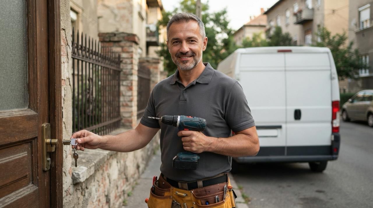 Ősz hajú szerelő szürke pólóban, derekán szerszámöv, egyik kezében akkus fúró. A másikkal kulcsot fordít egy régi fa bejárati ajtó zárjában, mögötte az utcán fehér furgon.